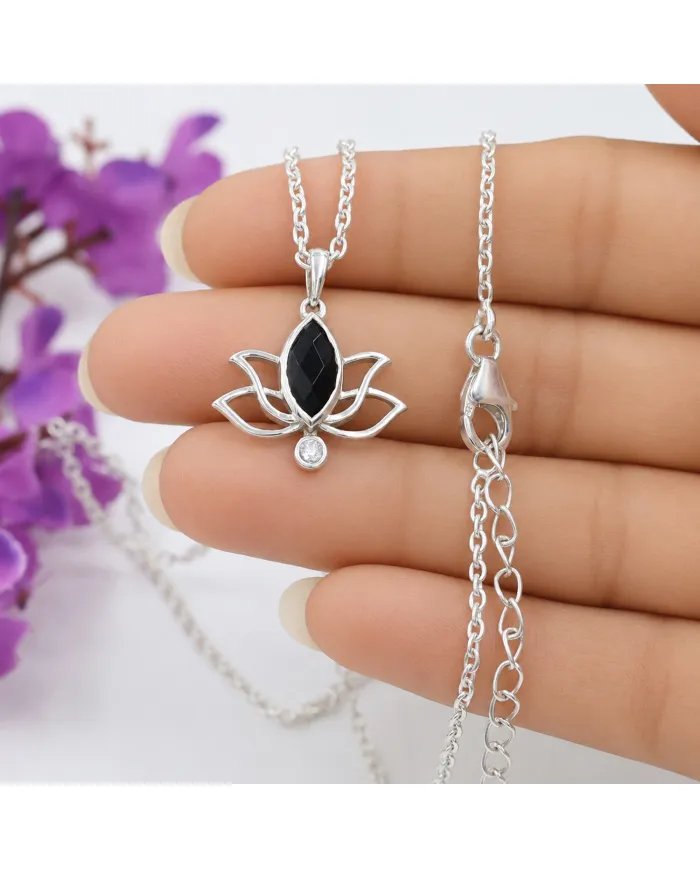 Black Onyx & Swarovski Crystal Lotus Pendant in 925 Sterling Silver