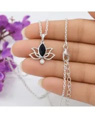 Black Onyx & Swarovski Crystal Lotus Pendant in 925 Sterling Silver