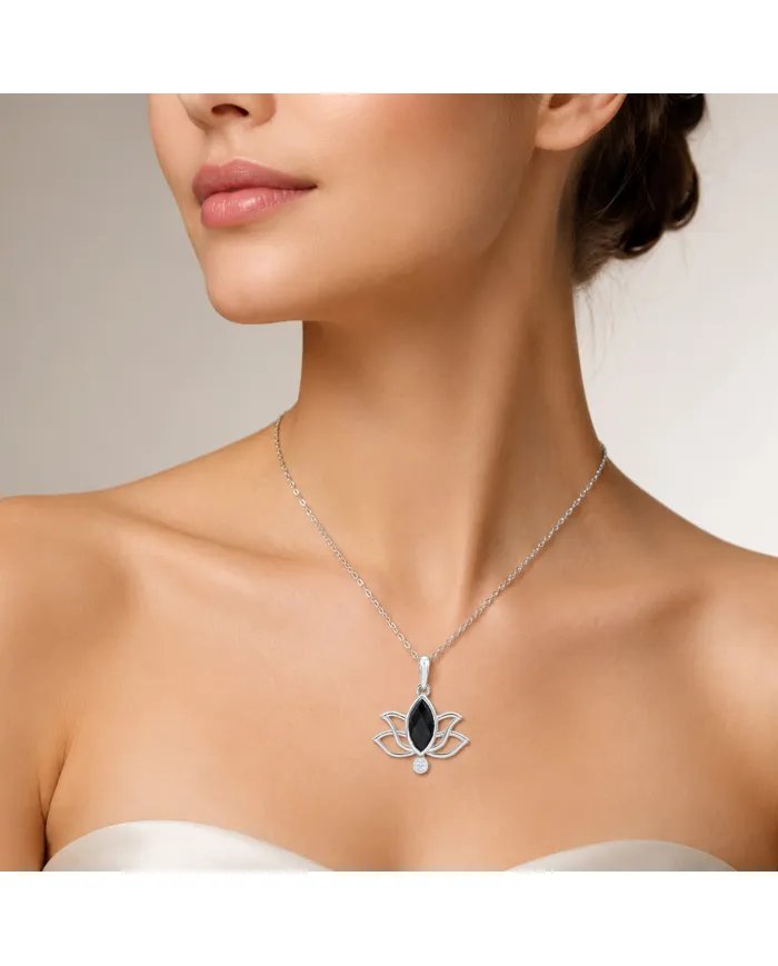 Black Onyx & Swarovski Crystal Lotus Pendant in 925 Sterling Silver
