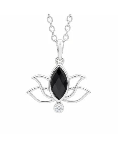 Black Onyx & Swarovski Crystal Lotus Pendant in 925 Sterling Silver