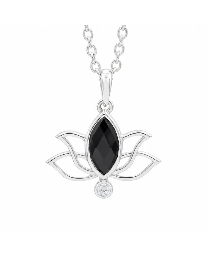 Black Onyx & Swarovski Crystal Lotus Pendant in 925 Sterling Silver