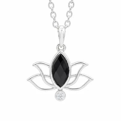 Black Onyx & Swarovski Crystal Lotus Pendant in 925 Sterling Silver