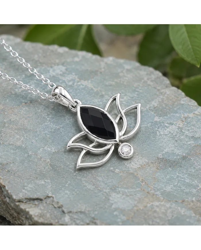 Black Onyx & Swarovski Crystal Lotus Pendant in 925 Sterling Silver