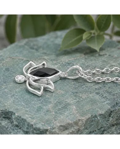 Black Onyx & Swarovski Crystal Lotus Pendant in 925 Sterling Silver