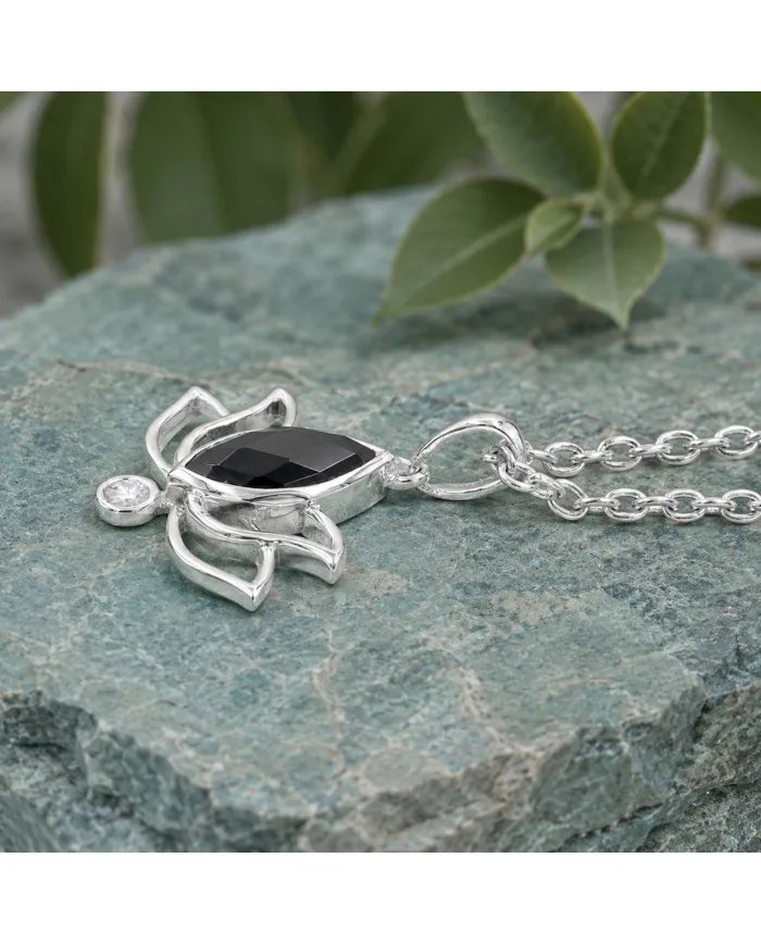 Black Onyx & Swarovski Crystal Lotus Pendant in 925 Sterling Silver
