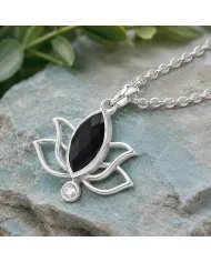 Black Onyx & Swarovski Crystal Lotus Pendant in 925 Sterling Silver