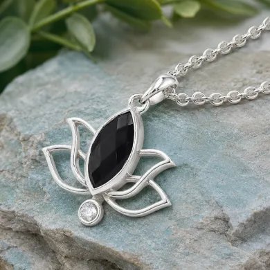 Black Onyx & Swarovski Crystal Lotus Pendant in 925 Sterling Silver