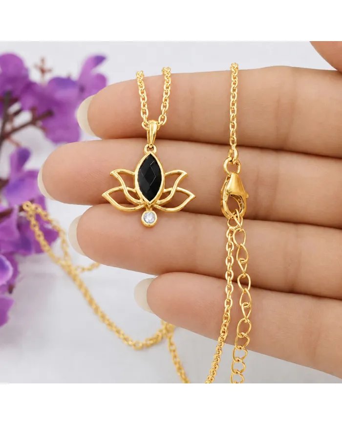 Gold-Plated 925 Silver Lotus Pendant with Black Onyx & Swarovski Crystals