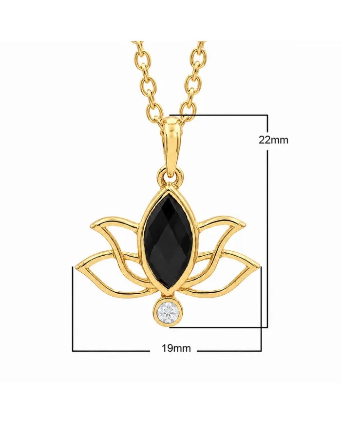 Gold-Plated 925 Silver Lotus Pendant with Black Onyx & Swarovski Crystals