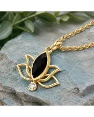 Gold-Plated 925 Silver Lotus Pendant with Black Onyx & Swarovski Crystals