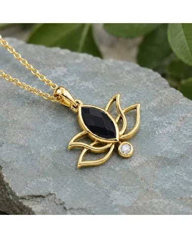 Gold-Plated 925 Silver Lotus Pendant with Black Onyx & Swarovski Crystals