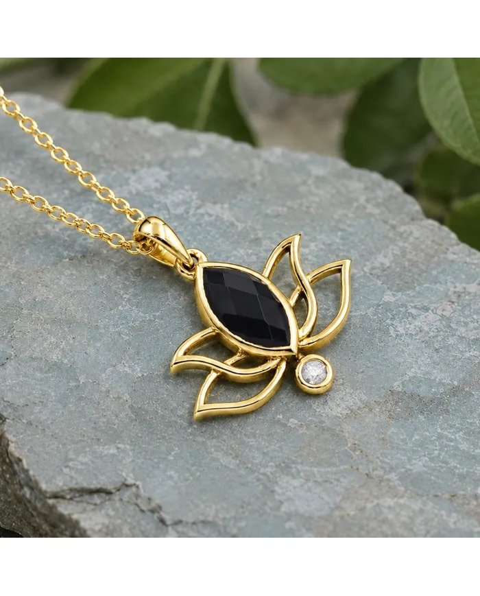 Gold-Plated 925 Silver Lotus Pendant with Black Onyx & Swarovski Crystals