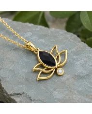 Gold-Plated 925 Silver Lotus Pendant with Black Onyx & Swarovski Crystals