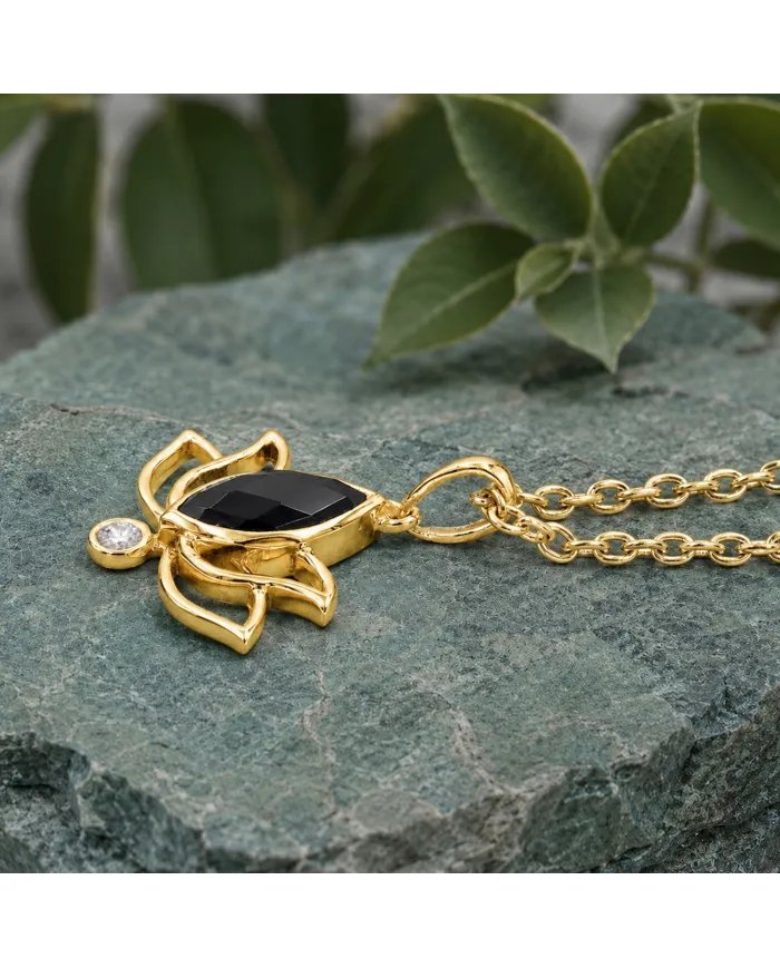 Gold-Plated 925 Silver Lotus Pendant with Black Onyx & Swarovski Crystals