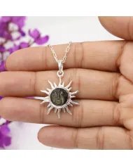 Obsidian Jasper Face Carved Sunburst Pendant in 925 Sterling Silver