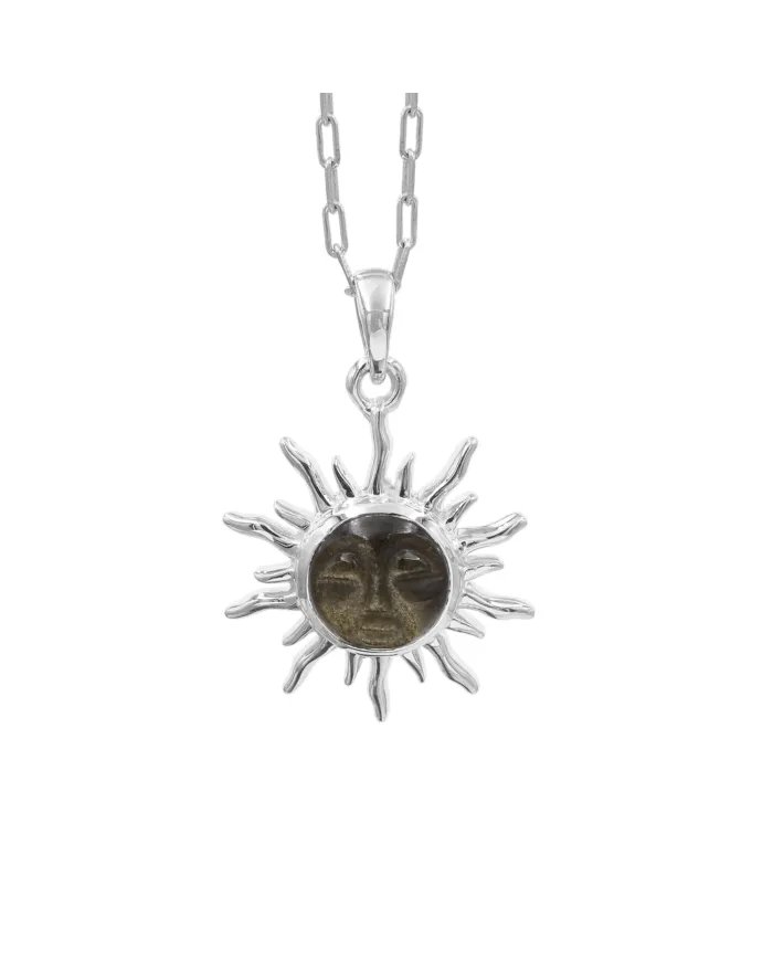 Obsidian Jasper Face Carved Sunburst Pendant in 925 Sterling Silver