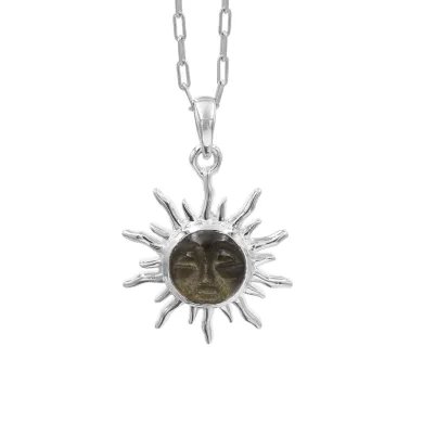 Obsidian Jasper Face Carved Sunburst Pendant in 925 Sterling Silver