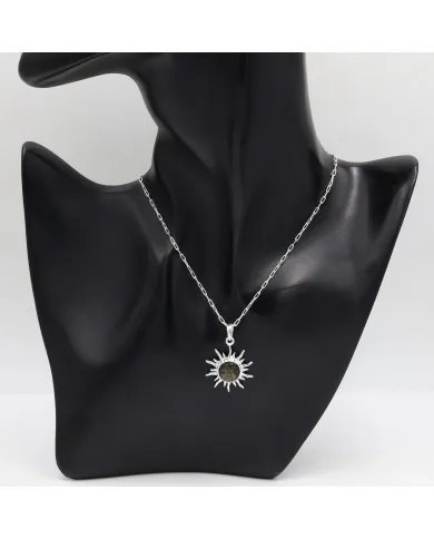 Obsidian Jasper Face Carved Sunburst Pendant in 925 Sterling Silver