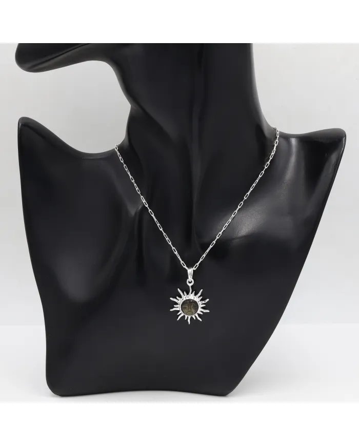 Obsidian Jasper Face Carved Sunburst Pendant in 925 Sterling Silver
