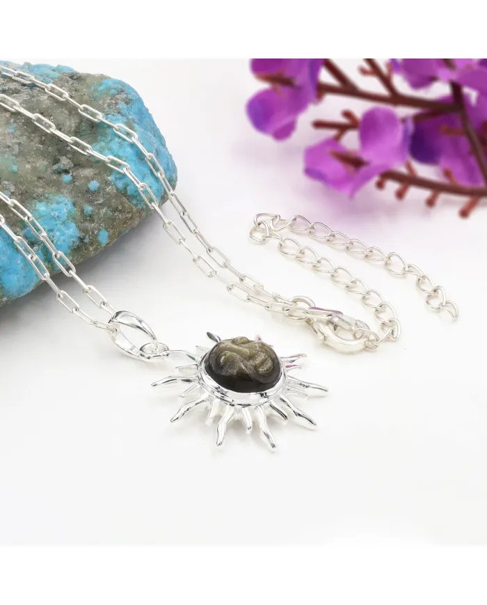 Obsidian Jasper Face Carved Sunburst Pendant in 925 Sterling Silver