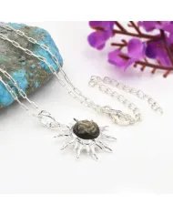 Obsidian Jasper Face Carved Sunburst Pendant in 925 Sterling Silver