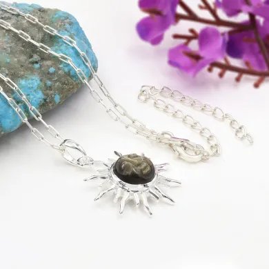 Obsidian Jasper Face Carved Sunburst Pendant in 925 Sterling Silver