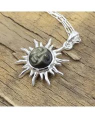 Obsidian Jasper Face Carved Sunburst Pendant in 925 Sterling Silver