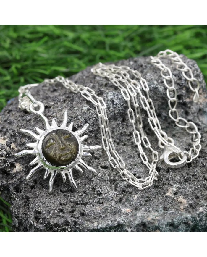 Obsidian Jasper Face Carved Sunburst Pendant in 925 Sterling Silver