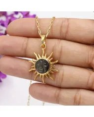 Sunburst Face Carved Pendant in Gold-Plated 925 Silver with Obsidian Jasper