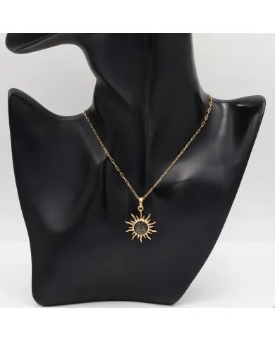 Sunburst Face Carved Pendant in Gold-Plated 925 Silver with Obsidian Jasper