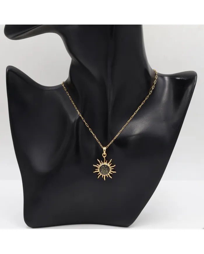 Sunburst Face Carved Pendant in Gold-Plated 925 Silver with Obsidian Jasper