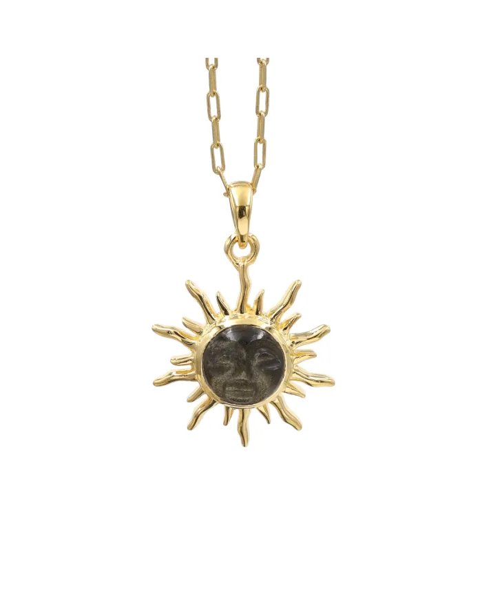 Sunburst Face Carved Pendant in Gold-Plated 925 Silver with Obsidian Jasper