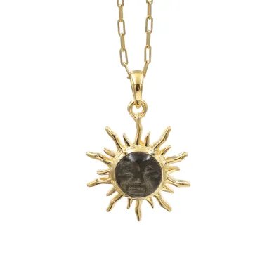Sunburst Face Carved Pendant in Gold-Plated 925 Silver with Obsidian Jasper