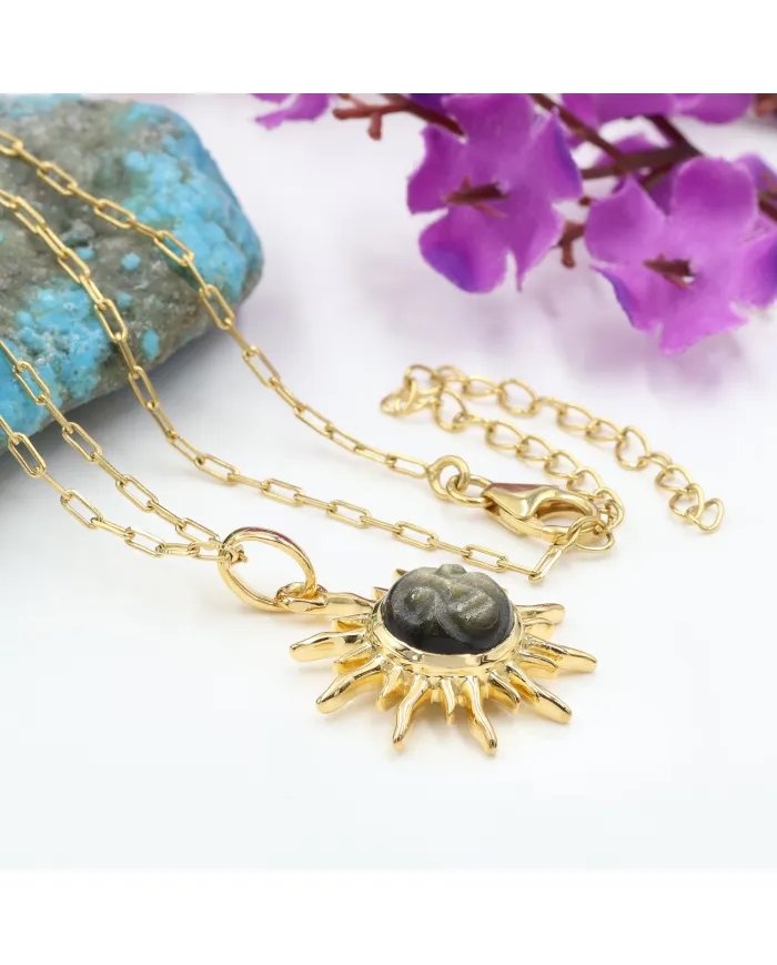 Sunburst Face Carved Pendant in Gold-Plated 925 Silver with Obsidian Jasper