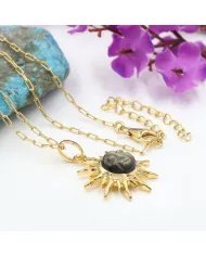 Sunburst Face Carved Pendant in Gold-Plated 925 Silver with Obsidian Jasper