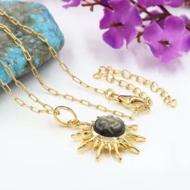Sunburst Face Carved Pendant in Gold-Plated 925 Silver with Obsidian Jasper