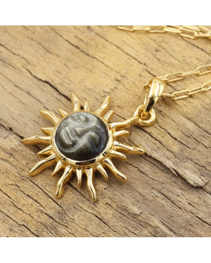 Sunburst Face Carved Pendant in Gold-Plated 925 Silver with Obsidian Jasper