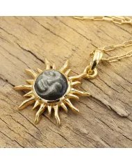 Sunburst Face Carved Pendant in Gold-Plated 925 Silver with Obsidian Jasper