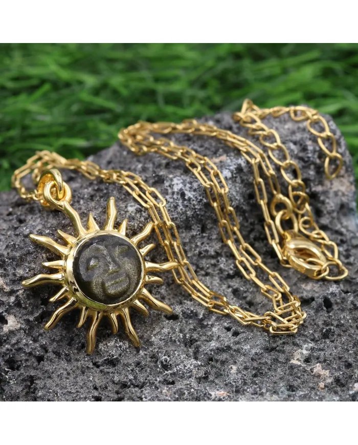 Sunburst Face Carved Pendant in Gold-Plated 925 Silver with Obsidian Jasper