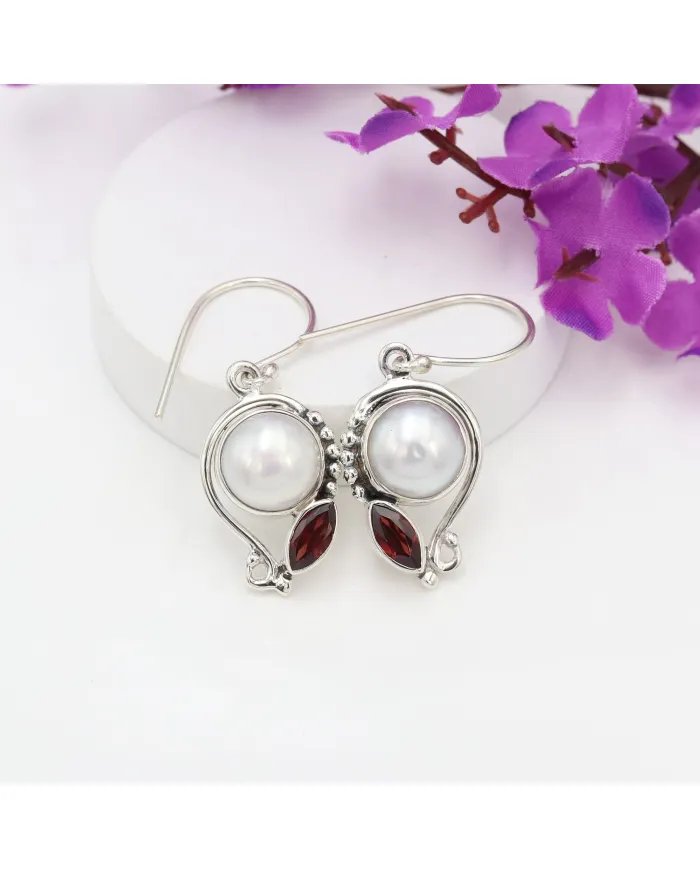 Elegant Pearl & Garnet Dangle Earrings - 925 Sterling Silver Jewelry