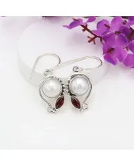 Elegant Pearl & Garnet Dangle Earrings - 925 Sterling Silver Jewelry