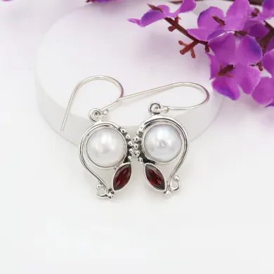 Elegant Pearl & Garnet Dangle Earrings - 925 Sterling Silver Jewelry