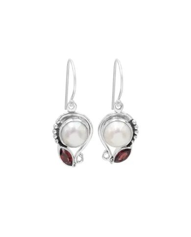Elegant Pearl & Garnet Dangle Earrings - 925 Sterling Silver Jewelry
