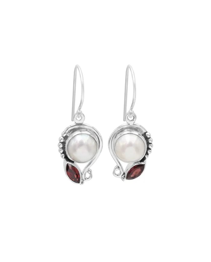 Elegant Pearl & Garnet Dangle Earrings - 925 Sterling Silver Jewelry