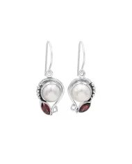 Elegant Pearl & Garnet Dangle Earrings - 925 Sterling Silver Jewelry