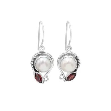 Elegant Pearl & Garnet Dangle Earrings - 925 Sterling Silver Jewelry