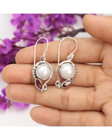 Elegant Pearl & Garnet Dangle Earrings - 925 Sterling Silver Jewelry