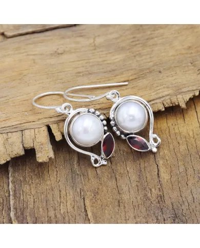 Elegant Pearl & Garnet Dangle Earrings - 925 Sterling Silver Jewelry