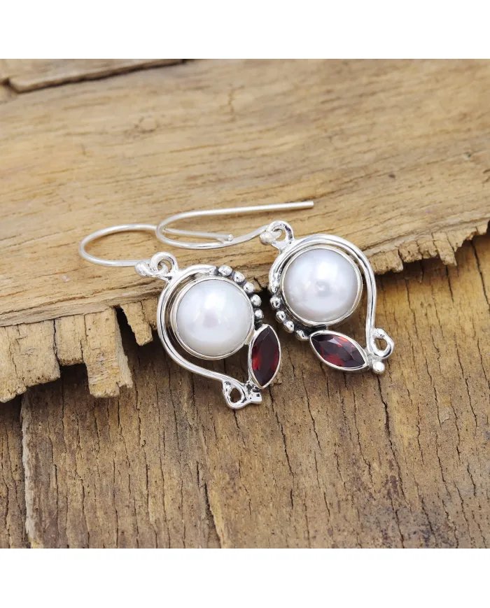 Elegant Pearl & Garnet Dangle Earrings - 925 Sterling Silver Jewelry
