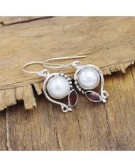 Elegant Pearl & Garnet Dangle Earrings - 925 Sterling Silver Jewelry